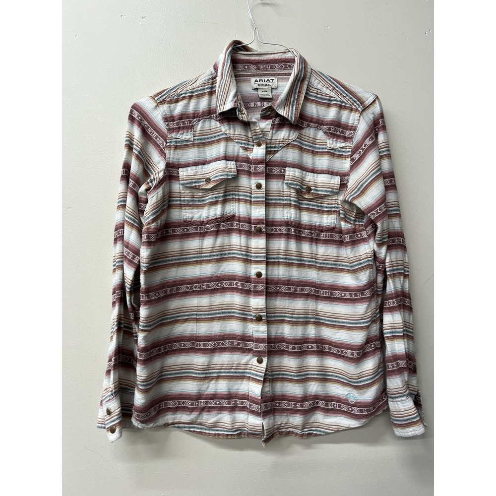 ARIAT REAL women Pearl Snap Aztec Tribal Serape Western Rodeo Cowgirl Shirt sz M
